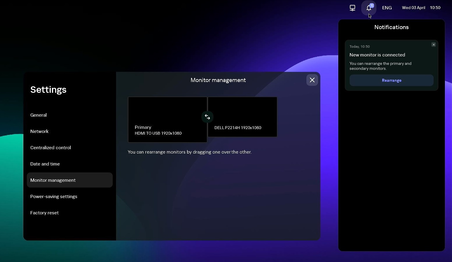 Screenshot of the Kaspersky Thin Client screen with the opened notifications panel.