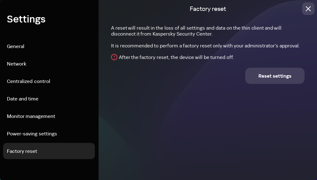 Screenshot of the "Factory reset" section.