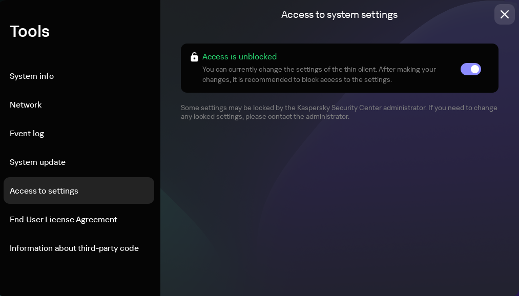 Screenshot of the "Access to settings" section.