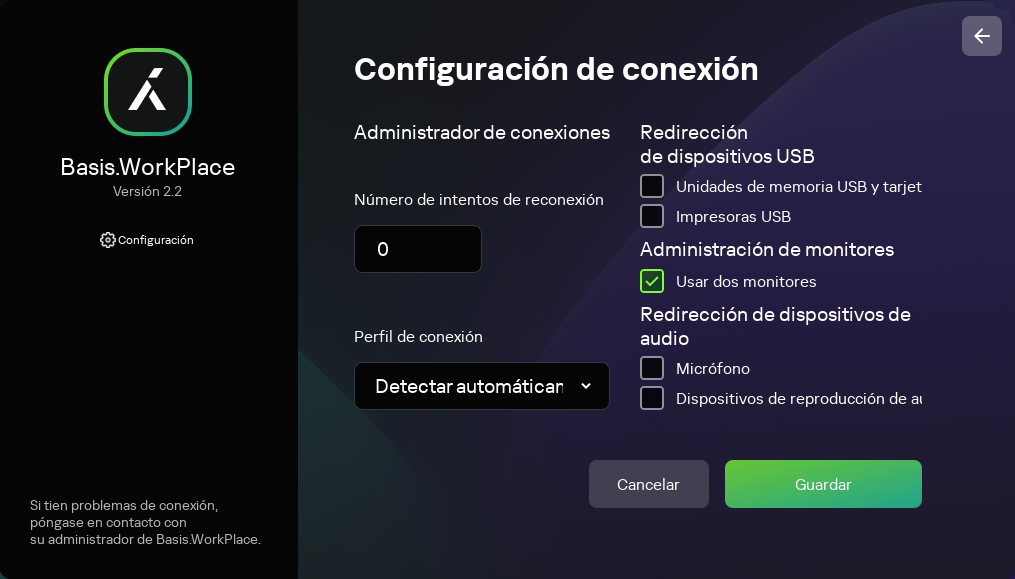 Captura de pantalla de la configuración de ajustes para conectarse a Basis.WorkPlace