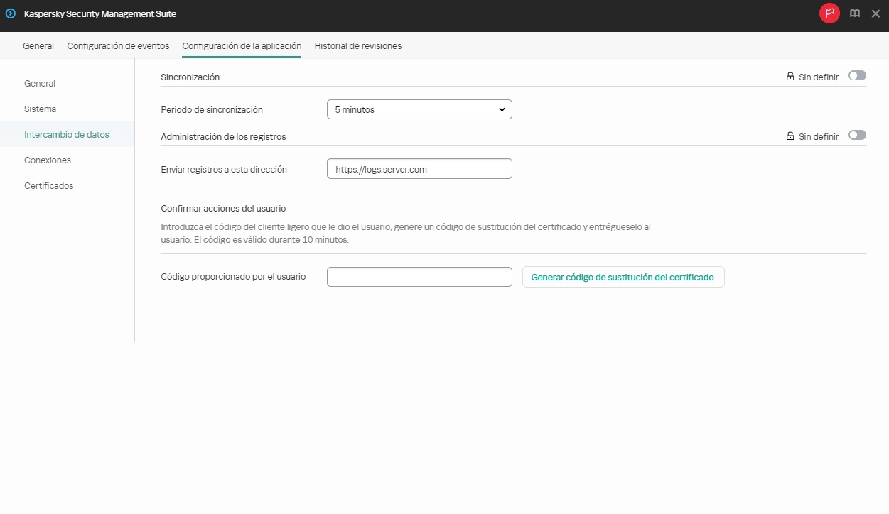 Captura de pantalla: configurando la sincronización y el envío de los registros de eventos de un cliente ligero con Kaspersky Security Center para un grupo de dispositivos.