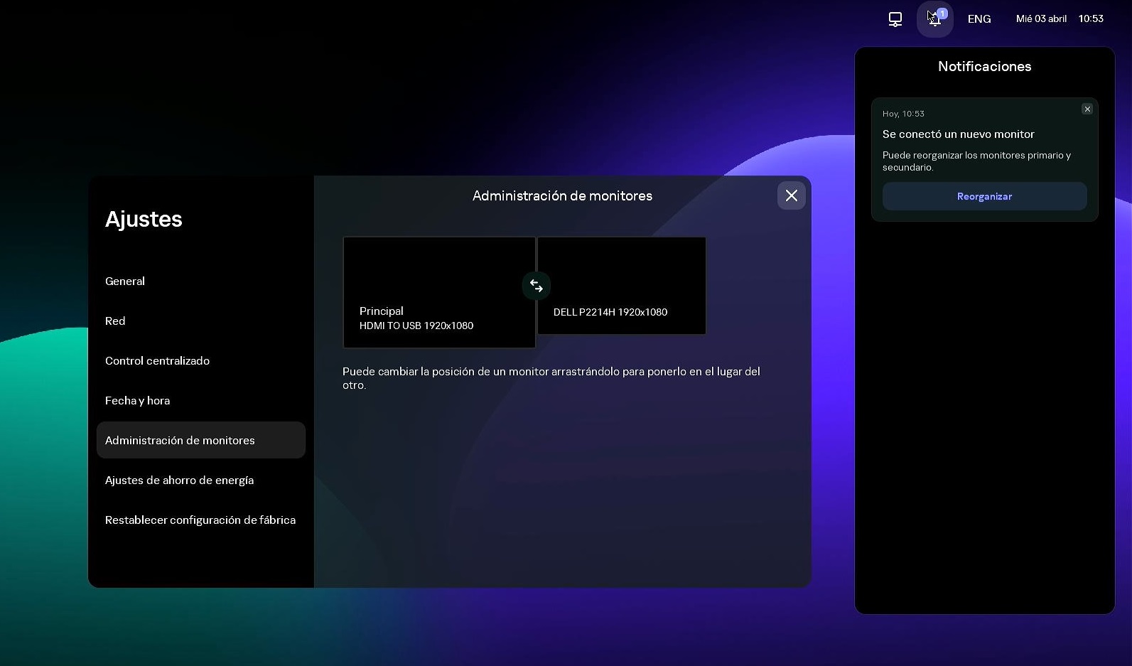 Captura de la pantalla de Kaspersky Thin Client con el panel de notificaciones abierto.
