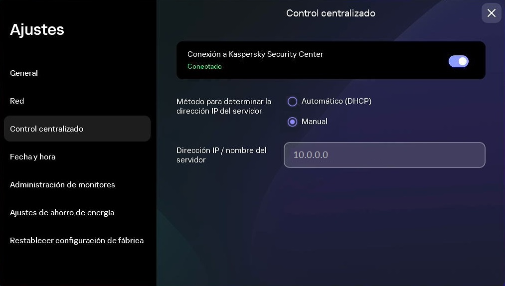 Captura de pantalla de la sección "Control centralizado".