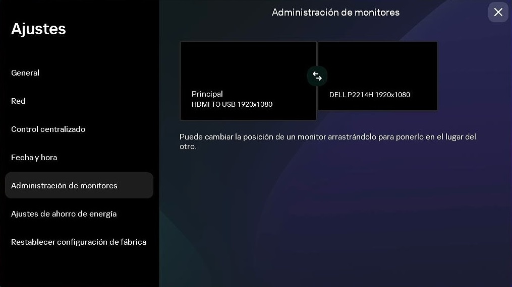 Captura de pantalla de la sección "Administración de monitores".