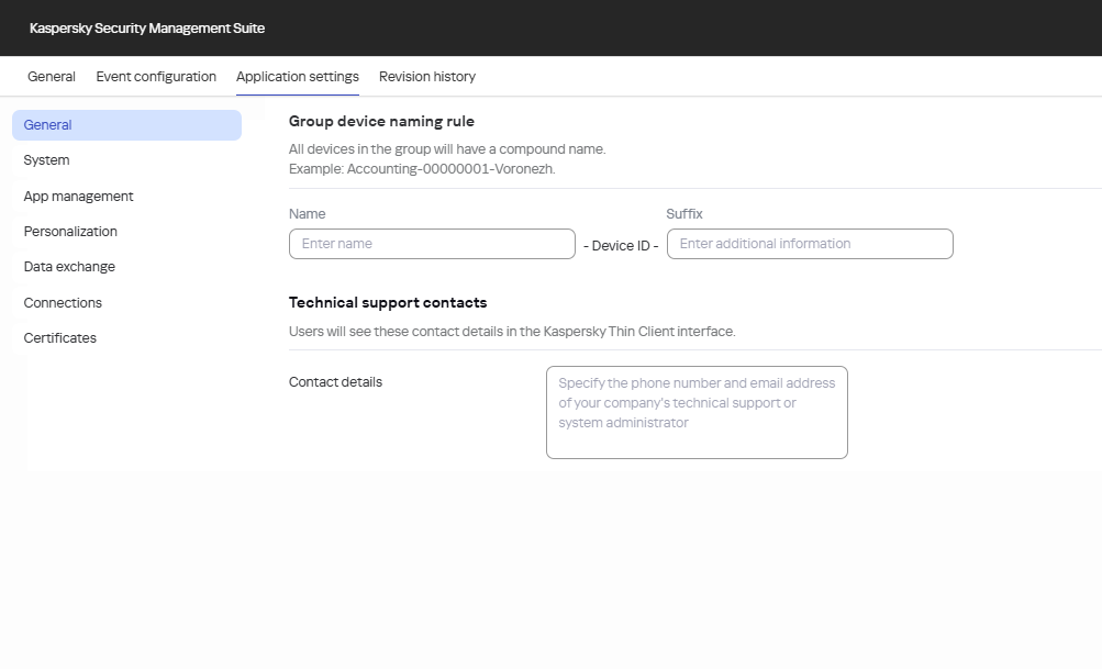 Configuring the main Kaspersky Thin Client settings via the Web Console ...