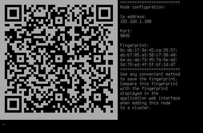 На скриншоте показан пример отпечатка сервера в виде QR-кода и текстовой информации.
