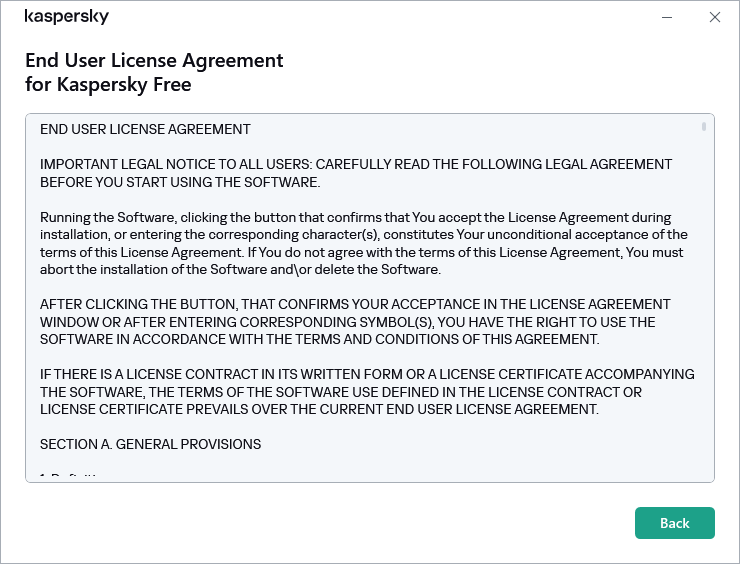 Window containing the text of the End User License Agreement