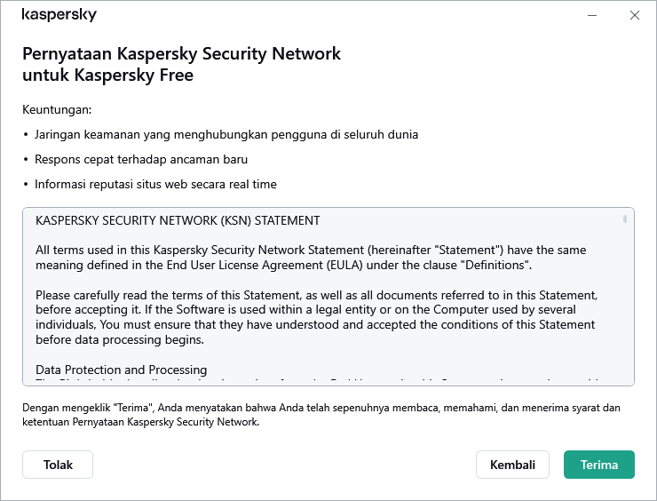Jendela penerimaan Pernyataan Kaspersky Security Network GDPR
