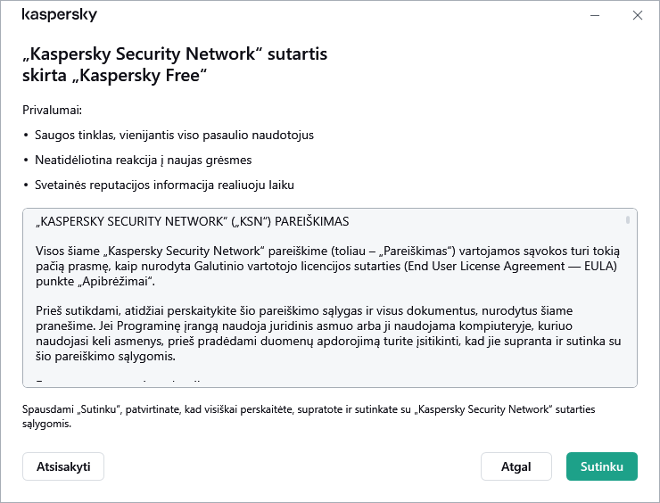 „Kaspersky Security Network“ BDAR pareiškimo patvirtinimo langas