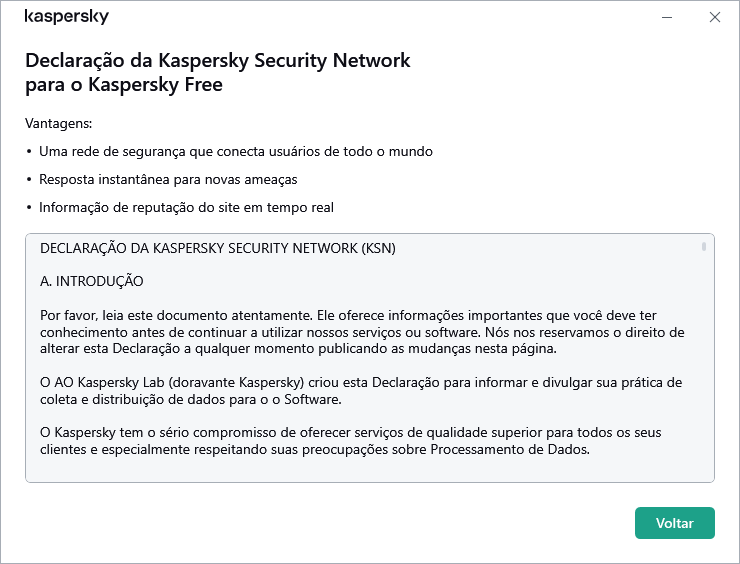 A janela de aceitação da Declaração da Kaspersky Security Network