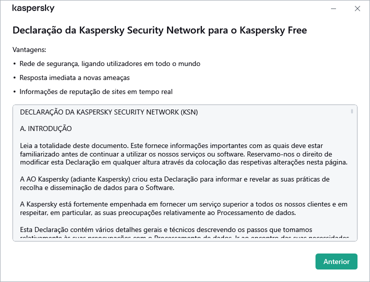 A janela de aceitação da Declaração da Kaspersky Security Network