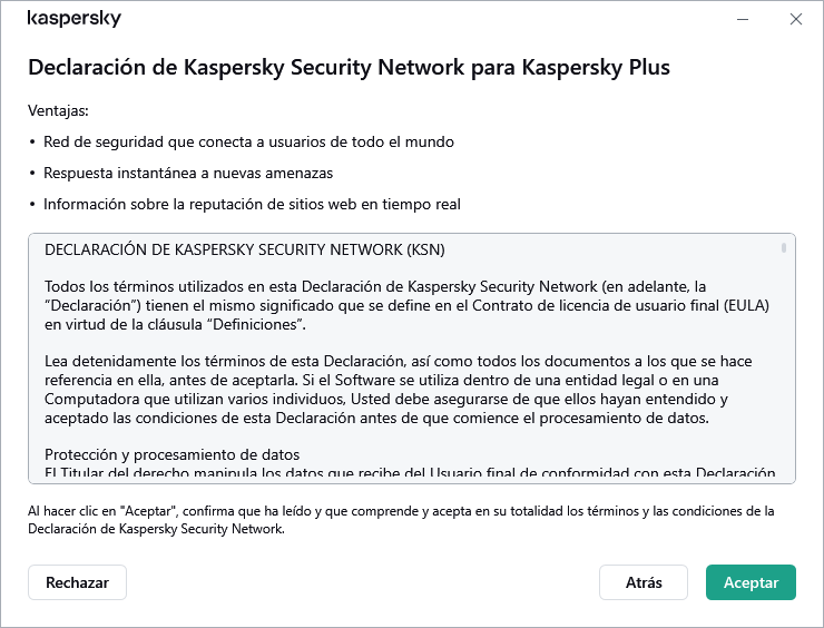 La ventana de aceptación de la Declaración de Kaspersky Security Network de GDPR