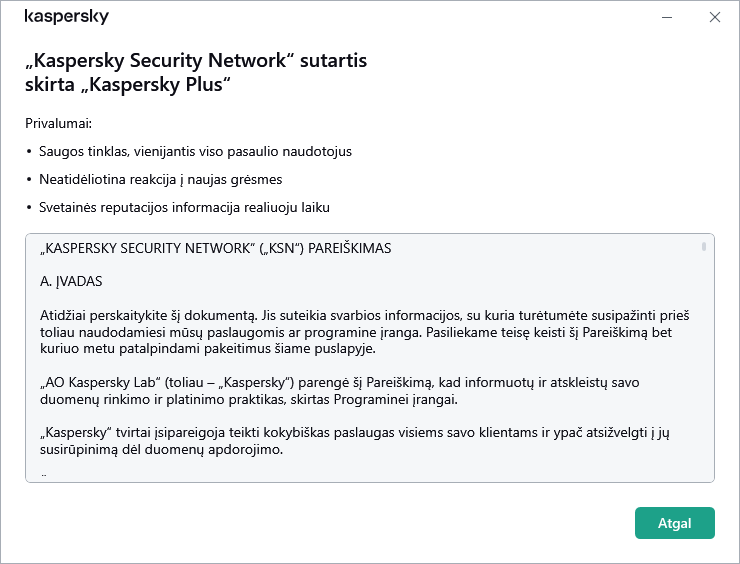 „Kaspersky Security Network“ pareiškimo patvirtinimo langas