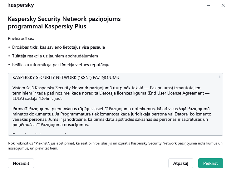 VDAR Kaspersky Security Network paziņojuma piekrišanas logs