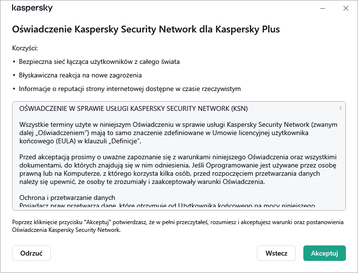 Okno akceptacji umowy oświadczenia Kaspersky Security Network ws. RODO
