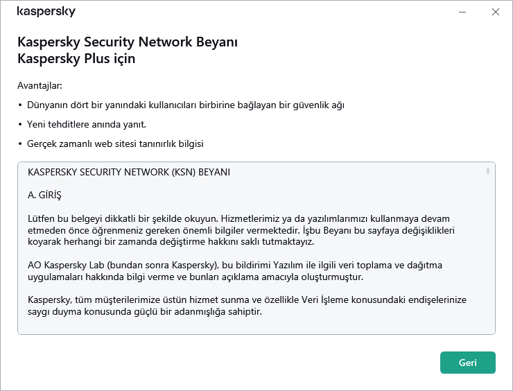 Kaspersky Security Network Beyanı kabul penceresi açılır