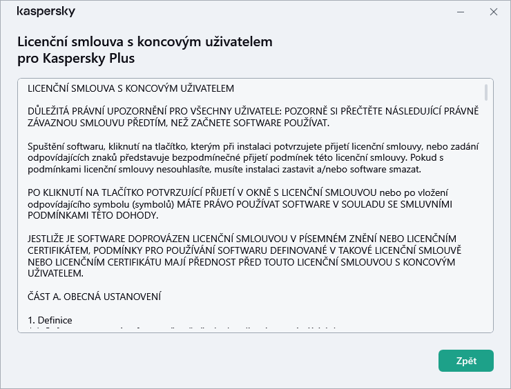 Okno obsahuje text licenční smlouvy s koncovým uživatelem