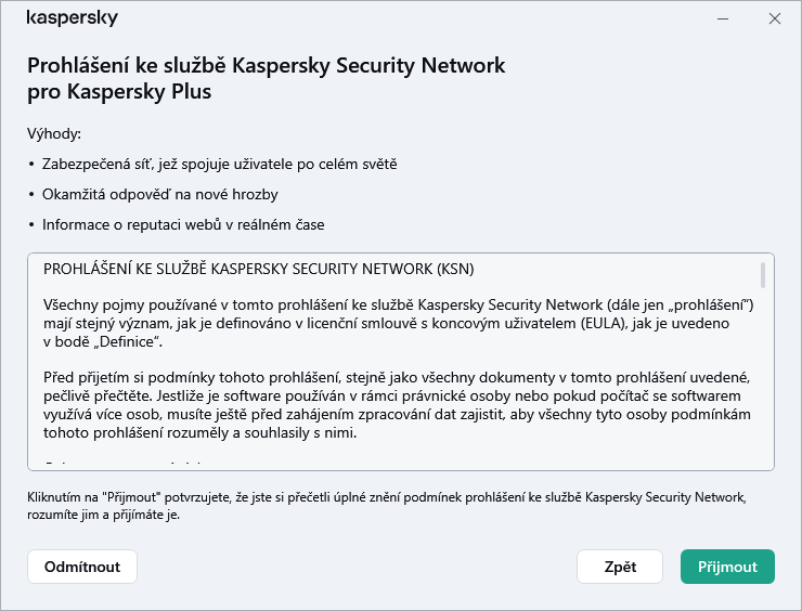 Okno prohlášení týkající se služby Kaspersky Security Network GDPR