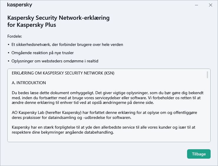 Vinduet til accept af Kaspersky Security Networks-erklæringen