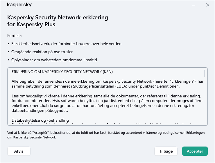 Vinduet til accept af Kaspersky Security Networks GDPR-erklæringen