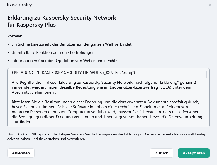 Fenster zum Akzeptieren der DSGVO für die Erklärung zu Kaspersky Security Network