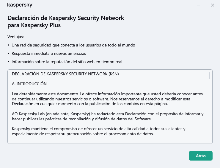 Ventana de aceptación de la declaración de Kaspersky Security Network.
