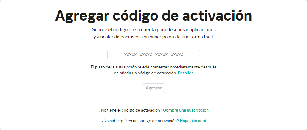 Ventana para agregar un código de activación a su cuenta