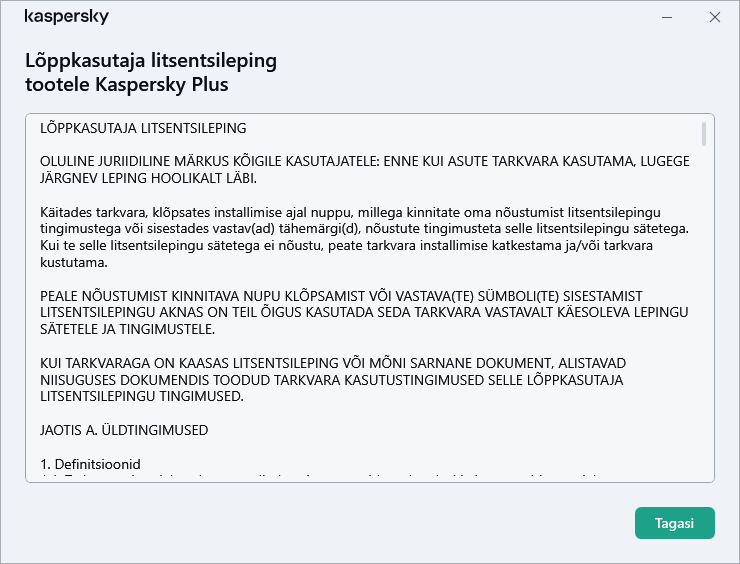 Lõppkasutaja litsentsilepingu teksti sisaldav aken