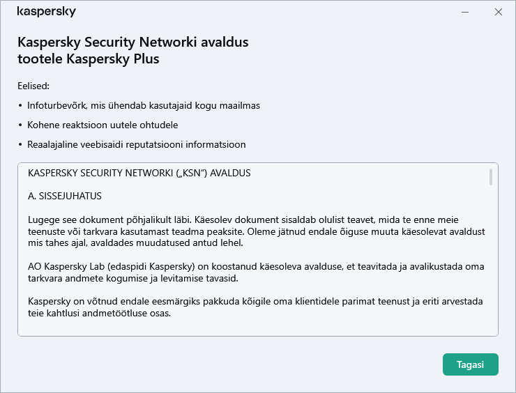 Kaspersky Security Networki avaldusega nõustumise aken