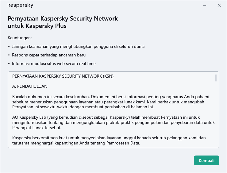 Jendela penerimaan Pernyataan Kaspersky Security Network