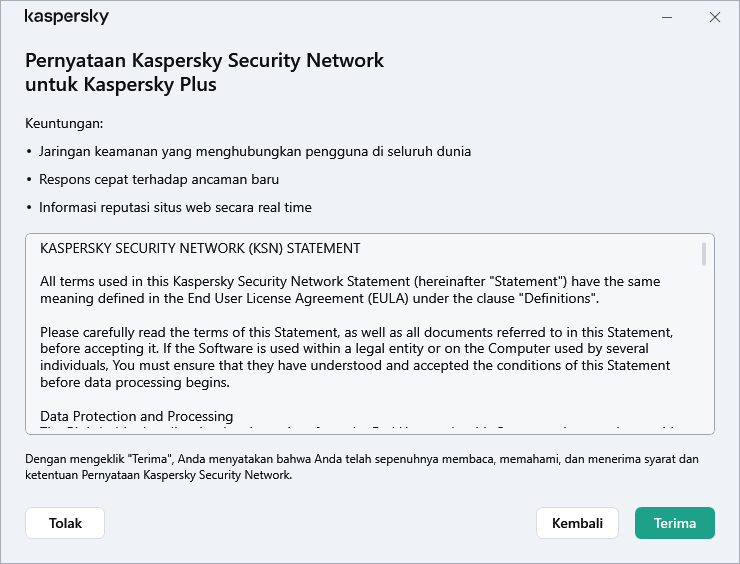 Jendela penerimaan Pernyataan Kaspersky Security Network GDPR