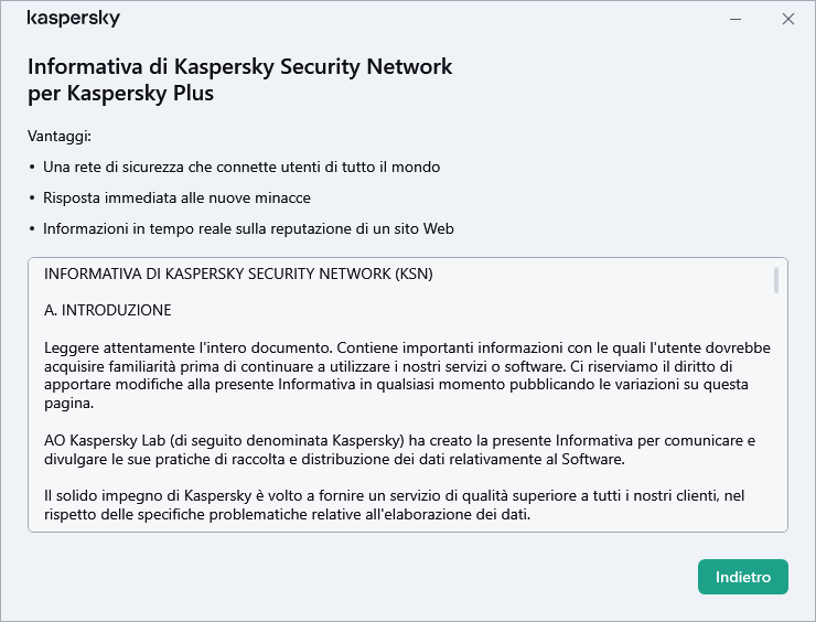 Finestra di accettazione dell'Informativa di Kaspersky Security Network