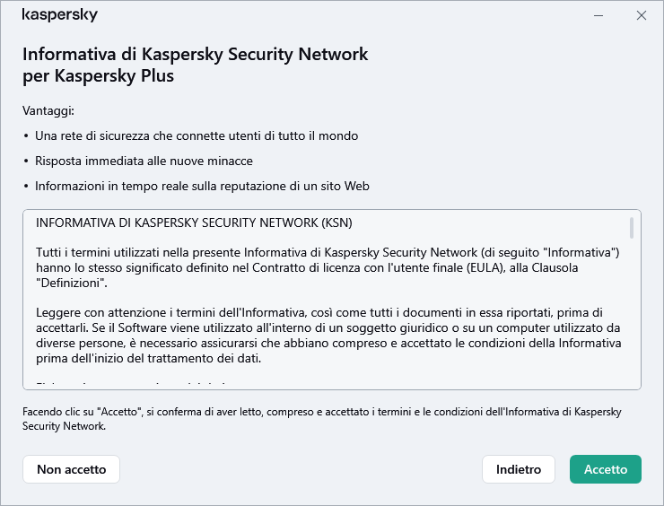Finestra di accettazione dell'Informativa di Kaspersky Security Network GDPR