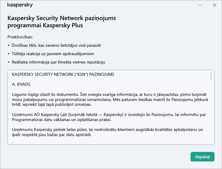 Kaspersky Security Network paziņojuma piekrišanas logs