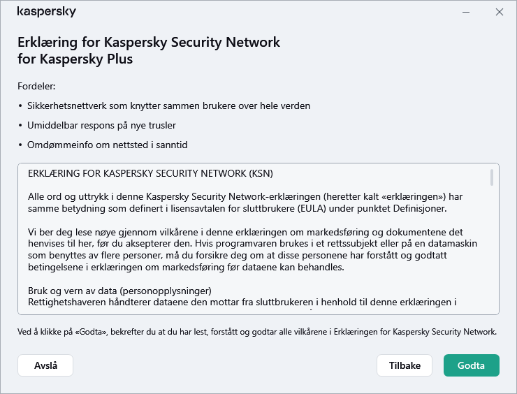 Akseptvinduet for GDPR Kaspersky Security Network Statement