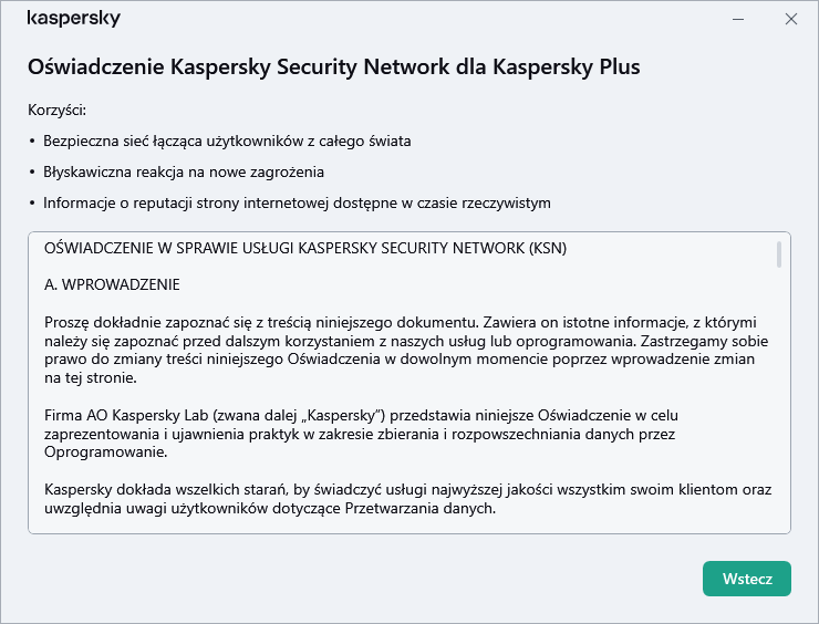 Okno akceptacji umowy oświadczenia Kaspersky Security Network