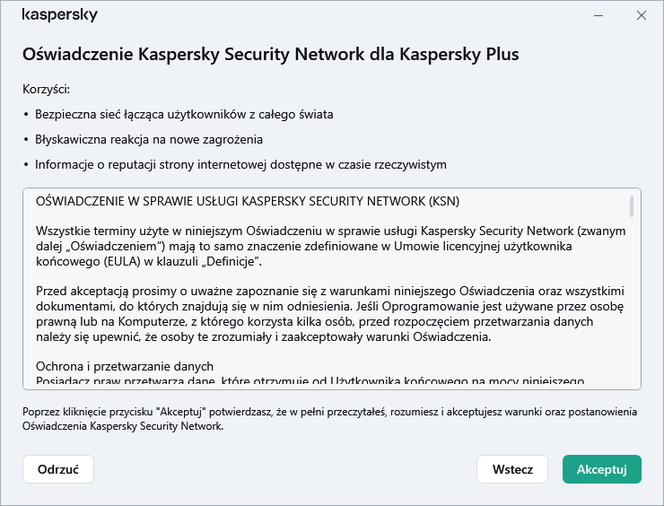 Okno akceptacji umowy oświadczenia Kaspersky Security Network ws. RODO
