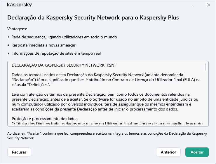A janela de aceitação da Declaração da Kaspersky Security Network do RGPD