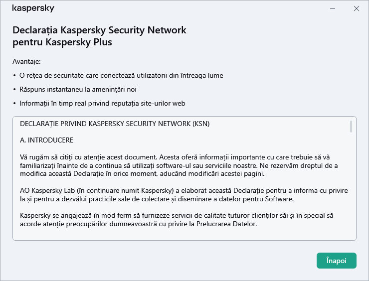 Fereastra de acceptare a Kaspersky Security Network Statement