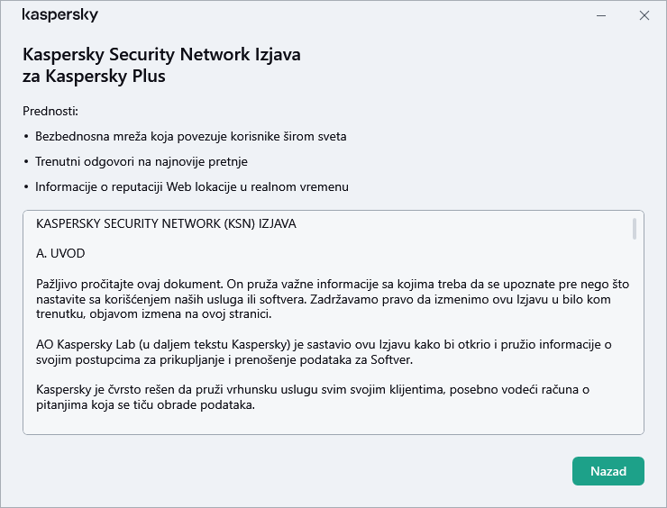 Prozor prihvatanja Kaspersky Security Network Izjave