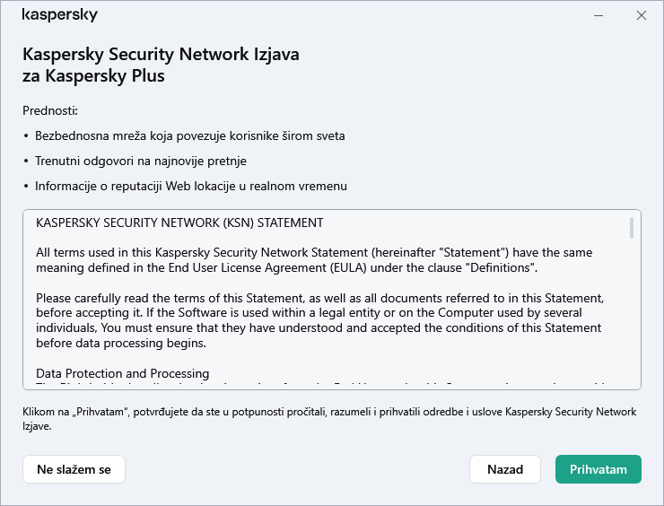 Prozor prihvatanja Ugovora o GDPR Kaspersky Security Network