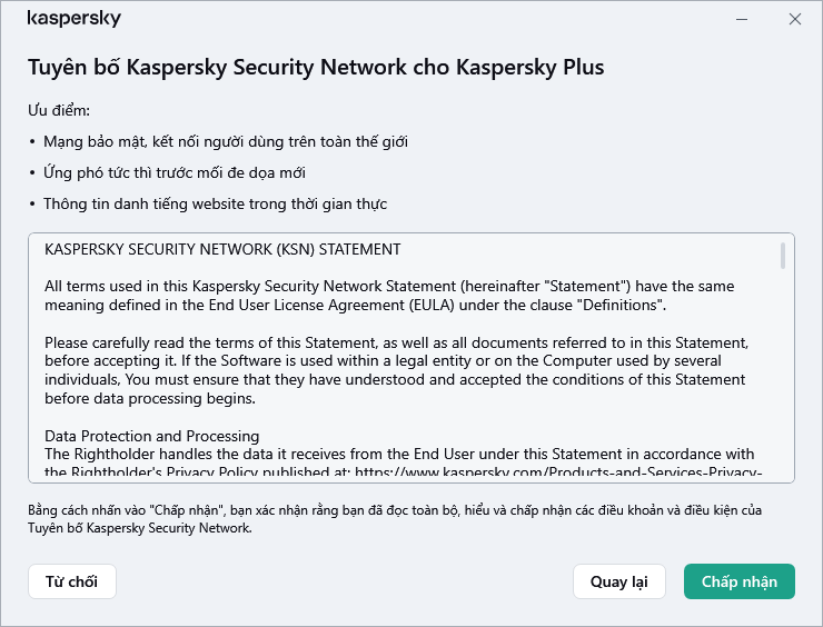Cửa sổ chấp nhận Tuyên bố Kaspersky Security Network GDPR