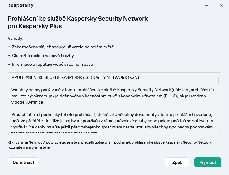 Okno prohlášení týkající se služby Kaspersky Security Network GDPR