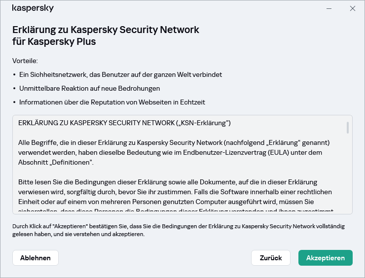 Fenster zum Akzeptieren der DSGVO für die Erklärung zu Kaspersky Security Network