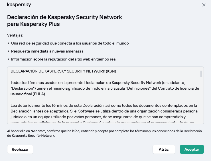 Ventana de aceptación de la declaración de Kaspersky Security Network de GDPR