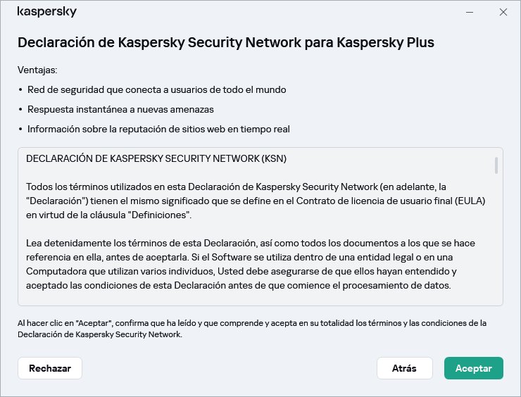 La ventana de aceptación de la Declaración de Kaspersky Security Network de GDPR