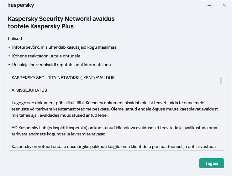 Kaspersky Security Networki avaldusega nõustumise aken
