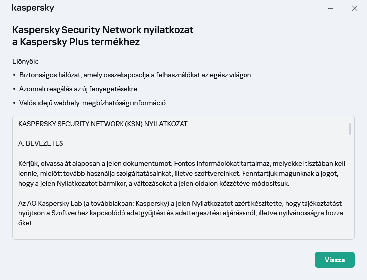 A Kaspersky Security Network nyilatkozat elfogadási ablaka