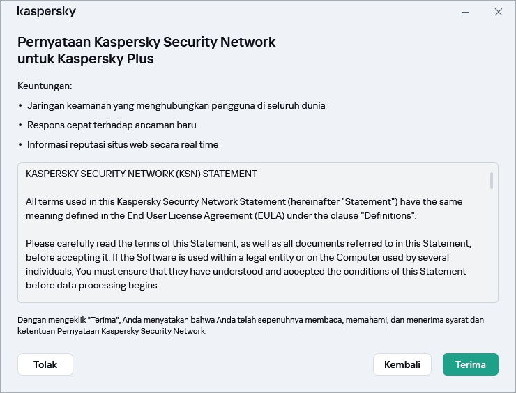 Jendela penerimaan Pernyataan Kaspersky Security Network GDPR
