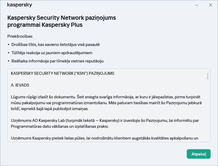Kaspersky Security Network paziņojuma piekrišanas logs